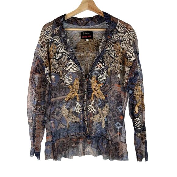 Johnny Was Noemie Sheer Long Sleeve Button-Down Blouse Size S Artsy Eccentric
